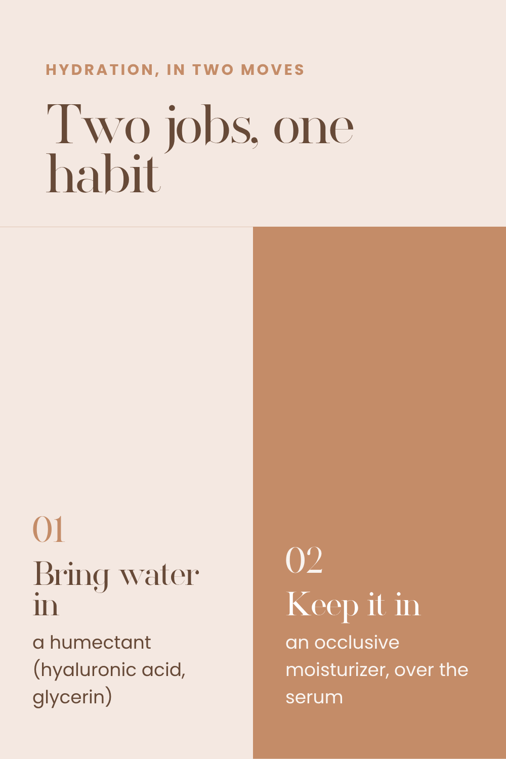 A card showing a humectant brings water and a moisturizer seals it in.