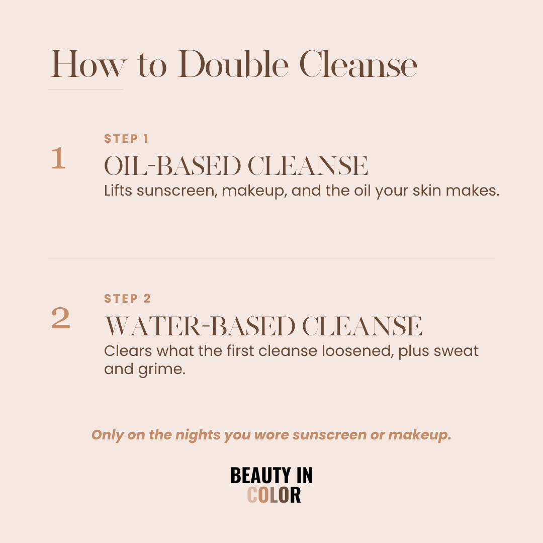 Two-step graphic showing an oil-based cleanse first and a water-based cleanse second.