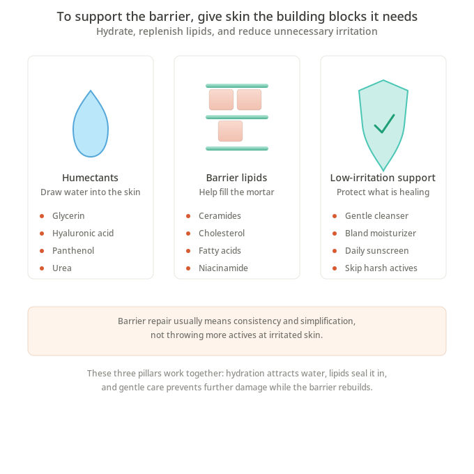 Three pillars of barrier repair: humectants that draw water into skin, barrier lipids that fill the mortar, and low-irritation support products