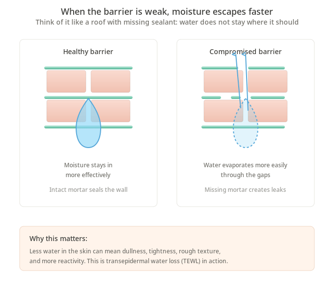 Side-by-side comparison of healthy skin barrier retaining moisture versus compromised barrier with gaps allowing water to escape through transepidermal water loss