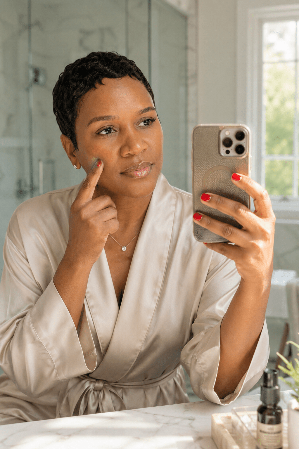 Black woman examining hyperpigmentation on her cheek in natural light.