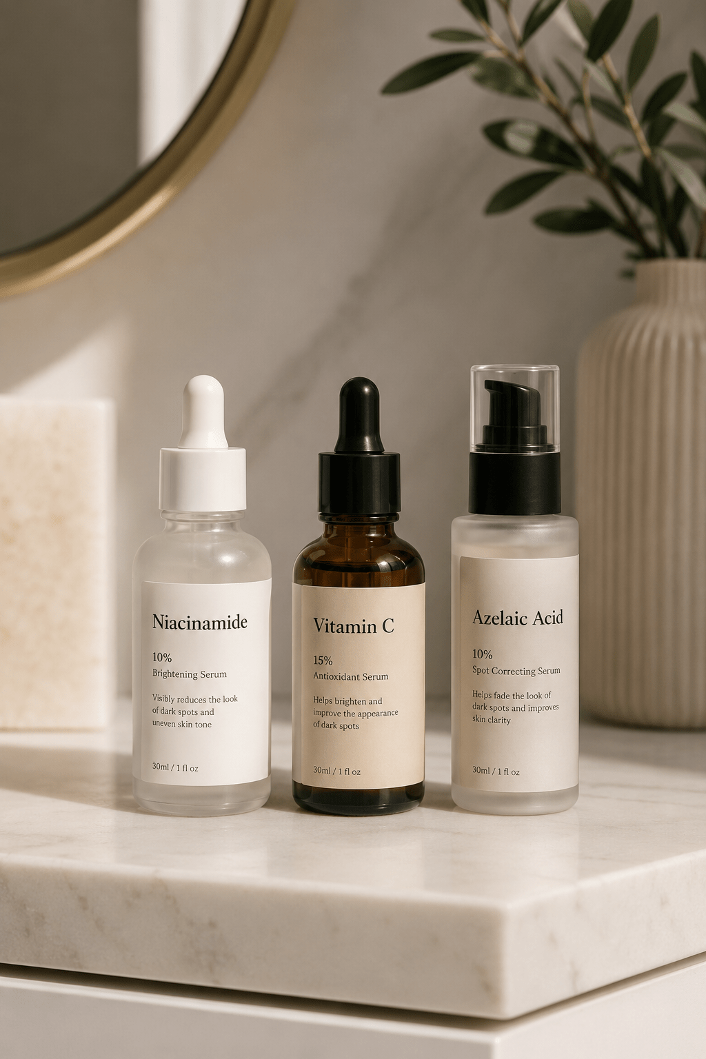 Three skincare products for a dark spot routine on a bathroom counter.