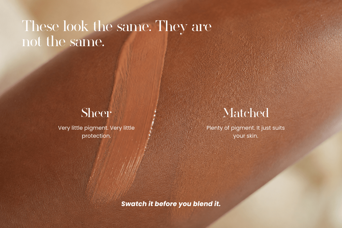 Two tinted sunscreen swatches on deep brown skin, one visibly pigmented and one blended in.